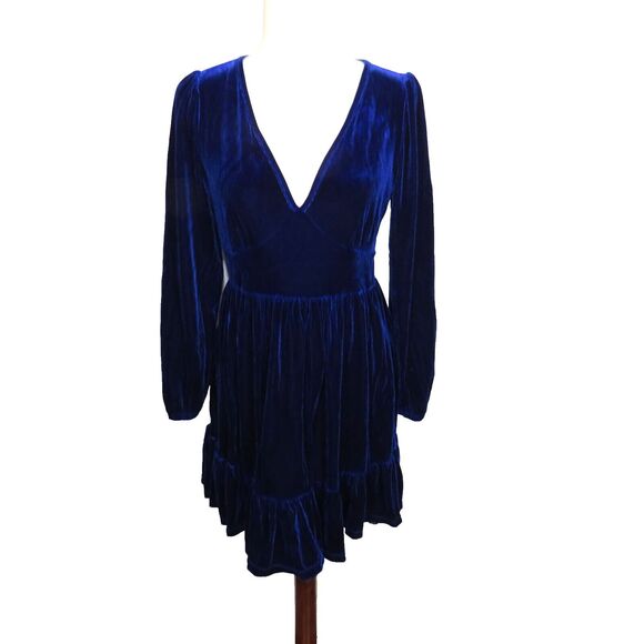 Halara Royal Blue Velvet Deep V Neck Long Sleeve Ruffle Hem Dress Size Medium - Picture 3 of 10